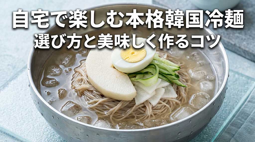 自宅で楽しむ本格韓国冷麺、選び方と美味しく作るコツのタイトルスライド画像