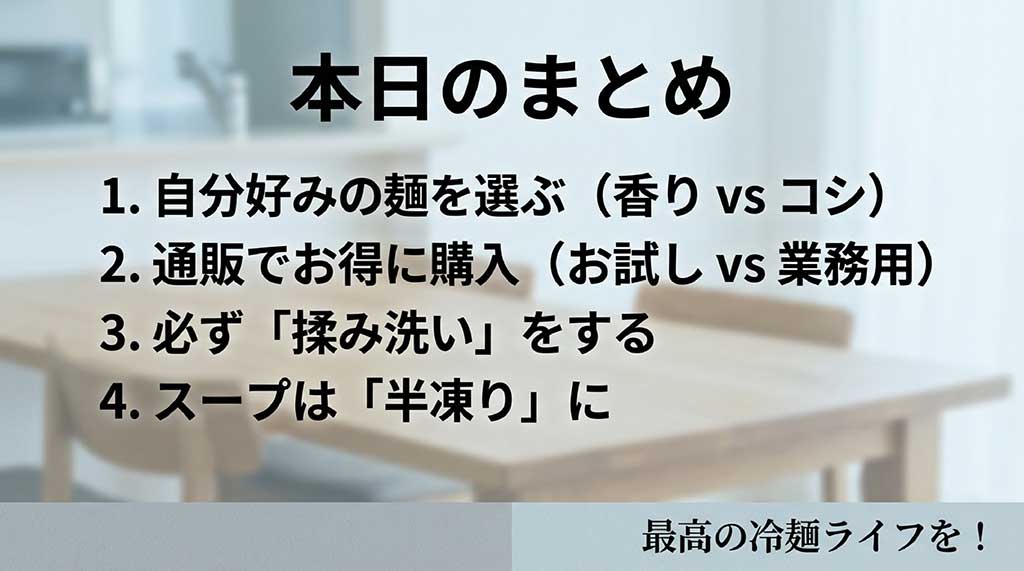 麺の選び方、通販の買い方、揉み洗いの徹底、スープの半凍りなど冷麺を美味しく楽しむ4つのポイント