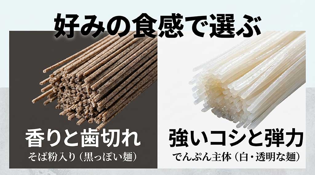 そば粉入りの黒っぽい麺(香りと歯切れ)と、でんぷん主体の白・透明な麺(強いコシと弾力)の比較解説