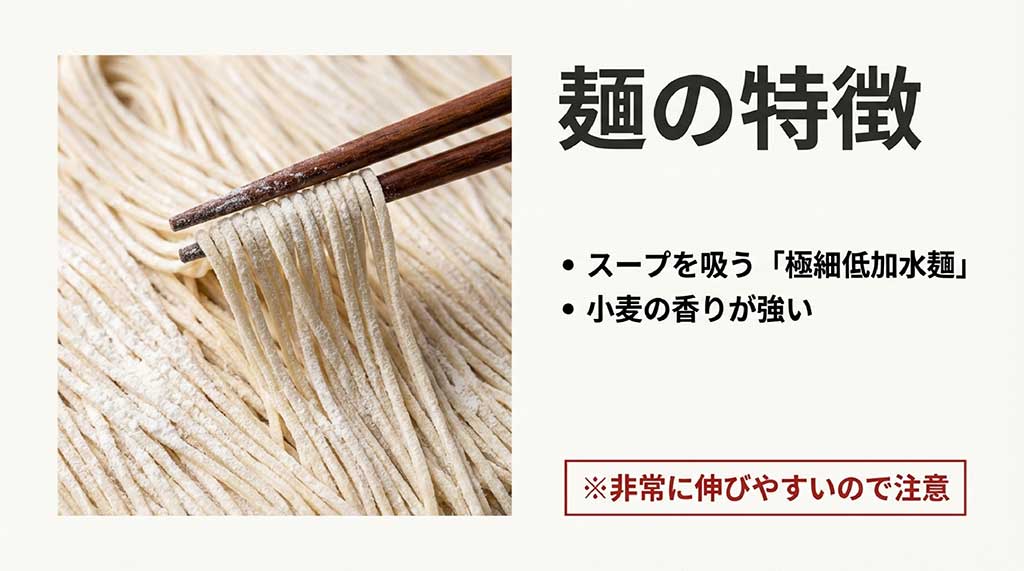 スープを吸い込みやすく小麦の香りが強い極細ストレート麺のアップ画像と特徴の解説