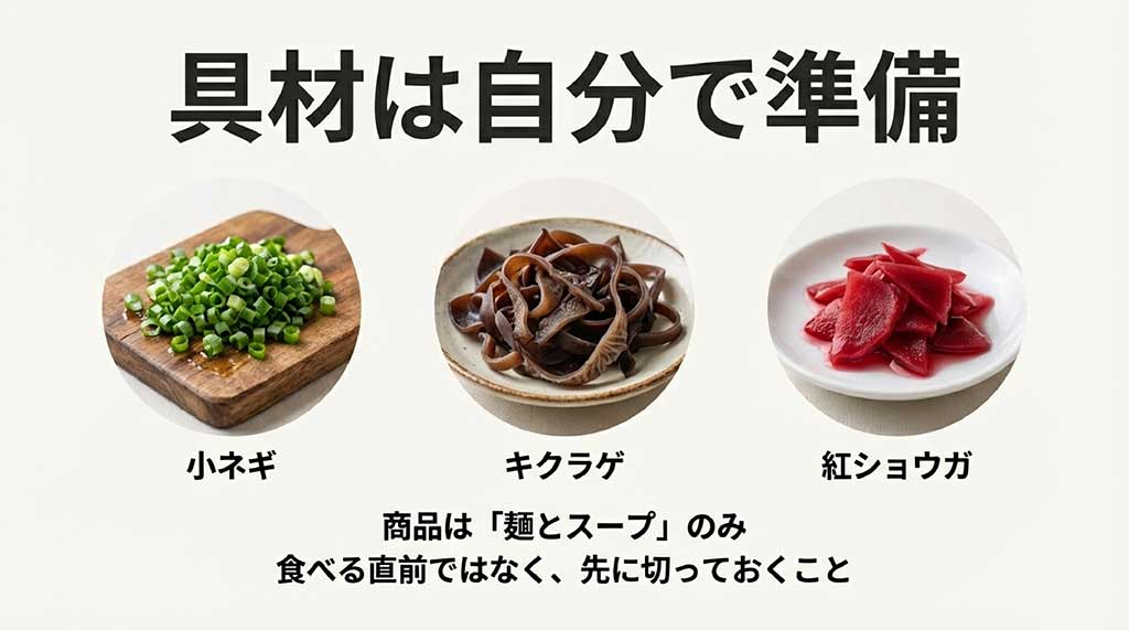 ネギ、キクラゲ、紅ショウガなど、食べる前に準備しておくべき具材のリスト画像
