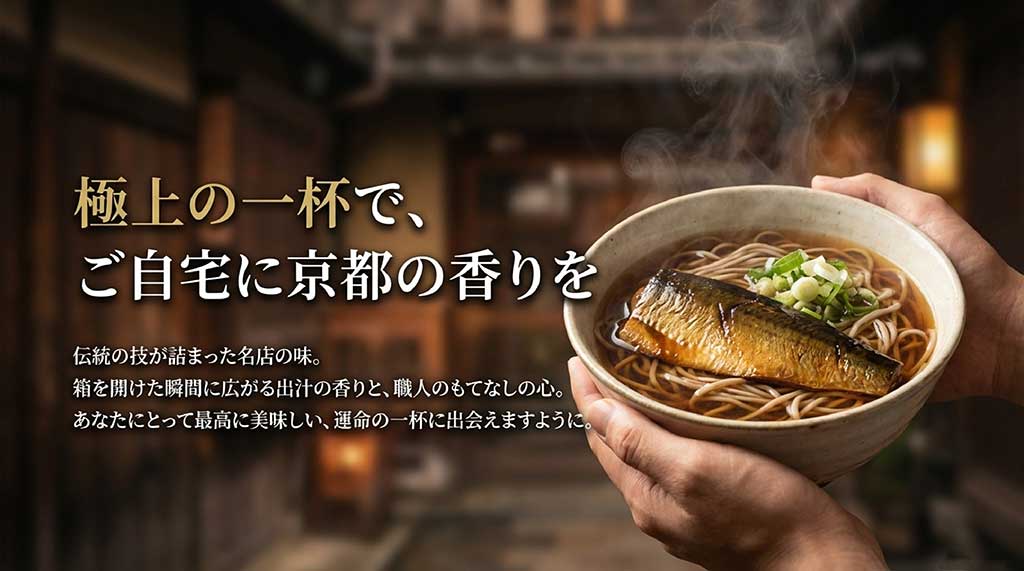 伝統の技と出汁の香りが詰まった名店の味で、運命の一杯に出会うことを願うメッセージスライド