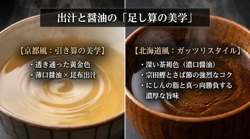 京都の引き算の美学と北海道の足し算の美学による出汁と醤油の違い比較表