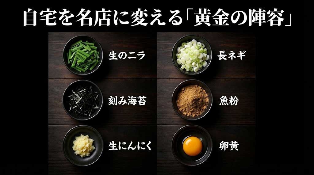 生のニラ、長ネギ、刻み海苔、魚粉、生にんにく、卵黄のトッピング画像とリストをまとめたスライド