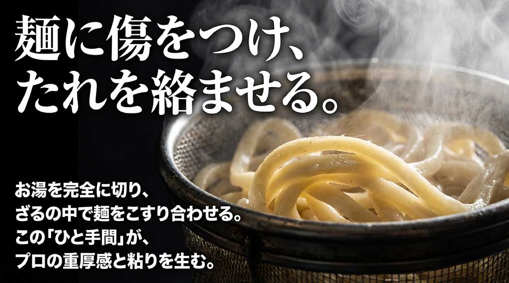 お湯を切り、ざるの中で麺をこすり合わせて傷をつけることでタレの絡みを良くする手順の解説スライド