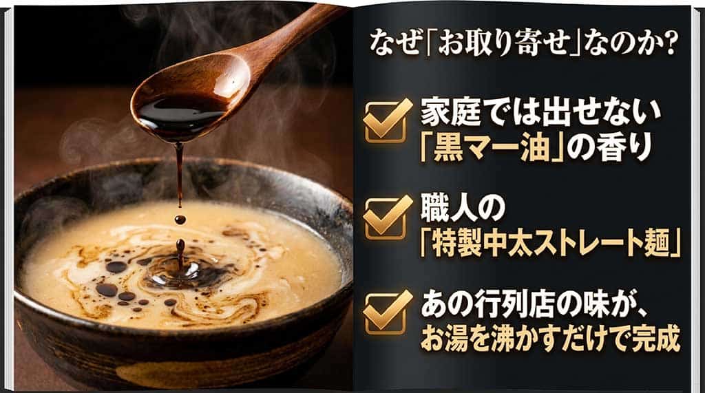 なぜお取り寄せなのか？黒マー油の香り、特製中太ストレート麺、お湯を沸かすだけで完成という3つのメリットを解説するスライド