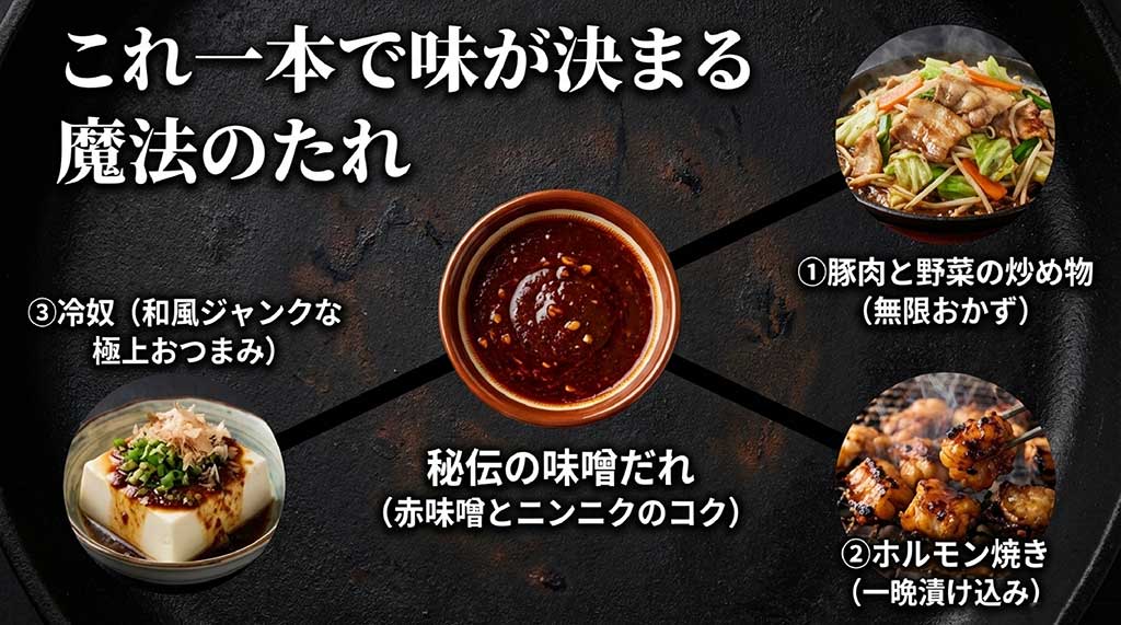 豚肉野菜炒め、ホルモン焼き、冷奴など、味噌だれを使ったアレンジ料理の紹介スライド