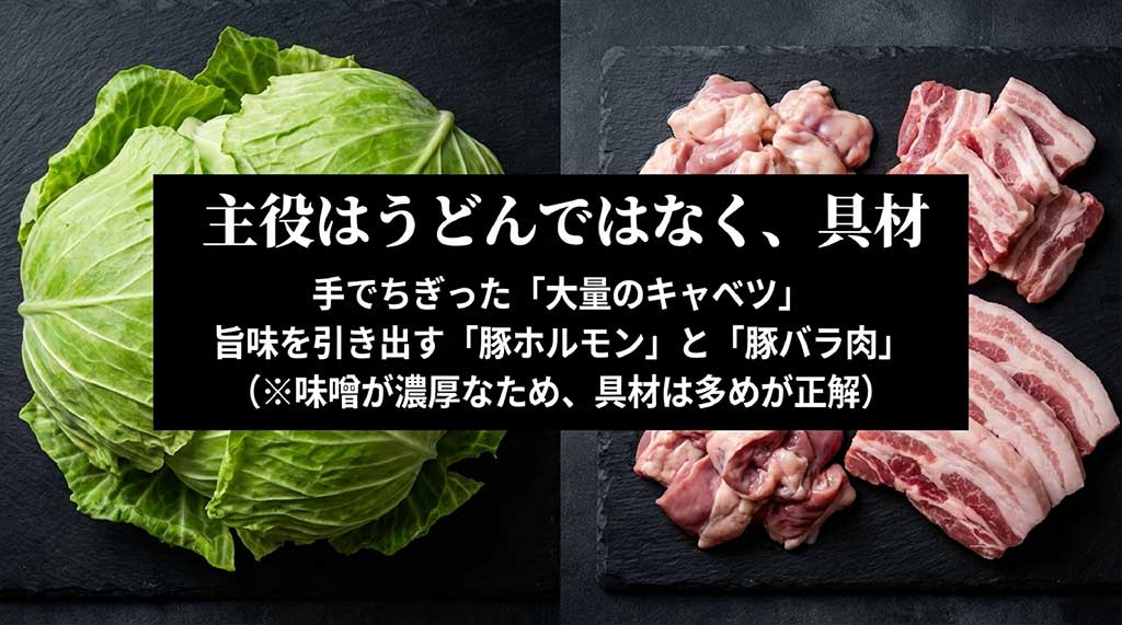 大量のキャベツ、豚ホルモン、豚バラ肉などの推奨具材を紹介するスライド