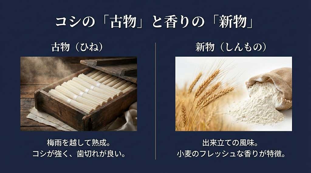 熟成された「古物」の強いコシと、「新物」のフレッシュな小麦の香りの特徴を比較したイメージ画像