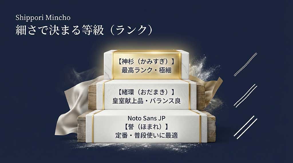 三輪そうめんの等級(神杉・緒環・誉)を麺の細さと特徴で比較した図解