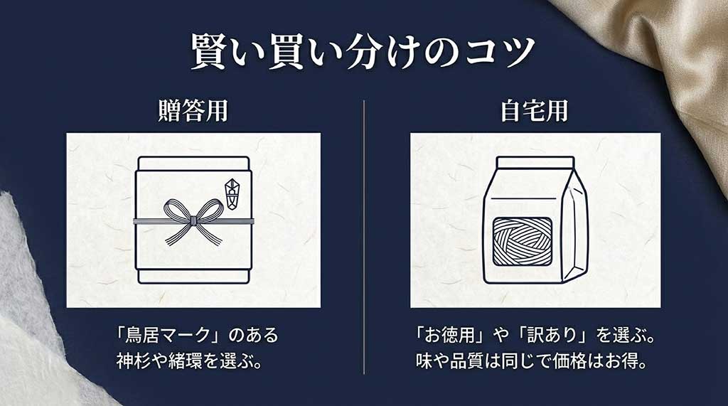 贈答用には神杉や緒環を、自宅用には味や品質が同じでお得な「お徳用」や「訳あり」を選ぶコツの図解