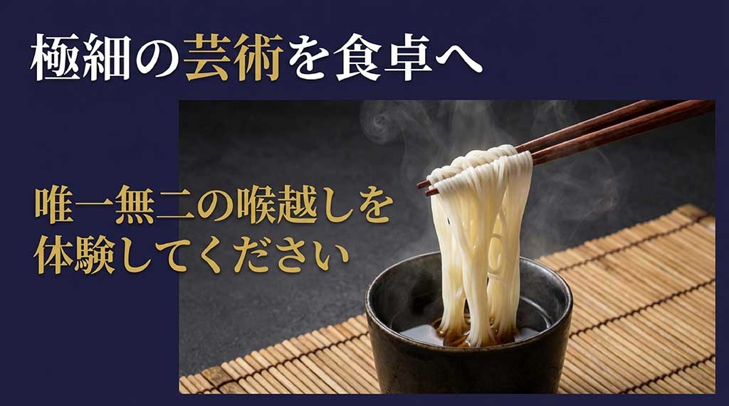 唯一無二の喉越しを体験してくださいというメッセージを込めた記事のまとめスライド