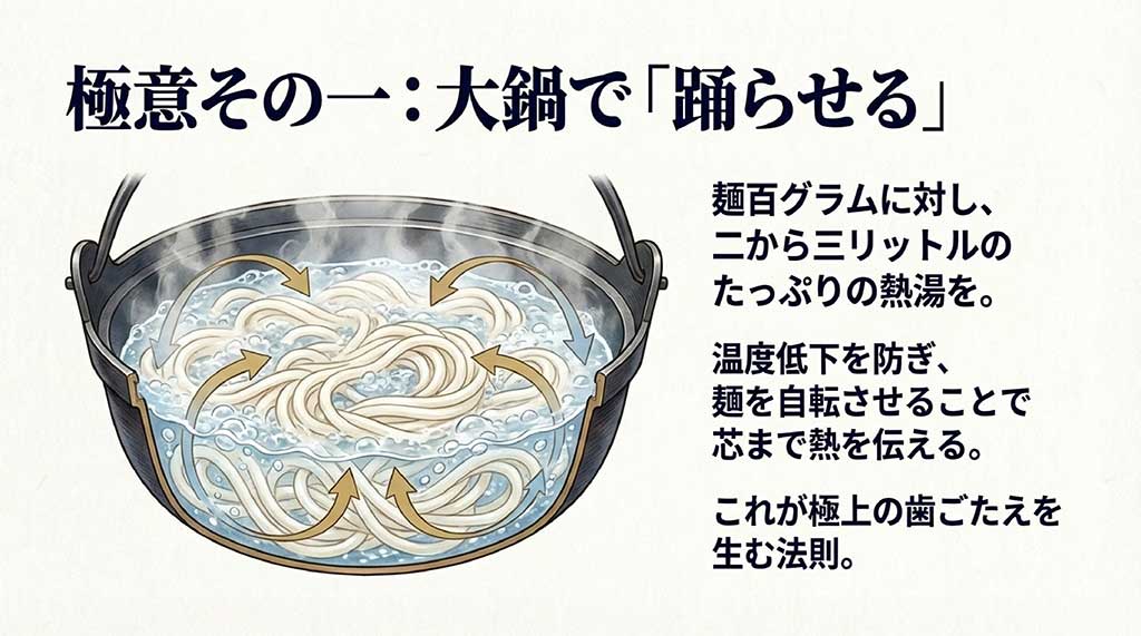 水沢うどんを美味しく茹でるコツとして、たっぷりの熱湯で麺を自転（踊らせる）させる方法を解説