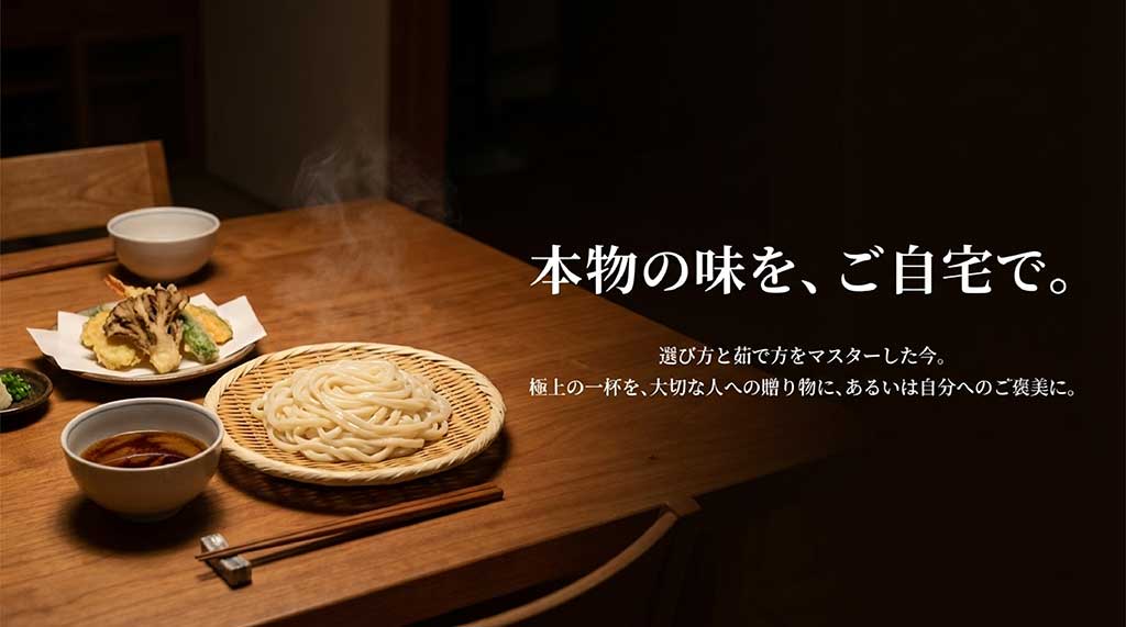 選び方と茹で方をマスターした後のまとめ。大切な人への贈り物や自分へのご褒美に水沢うどんを推奨するスライド