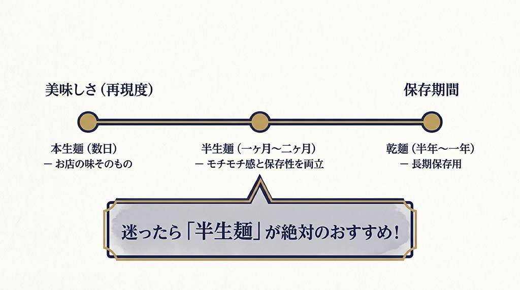 本生麺、半生麺、乾麺の美味しさと保存期間の比較。迷ったら半生麺がおすすめである理由を解説