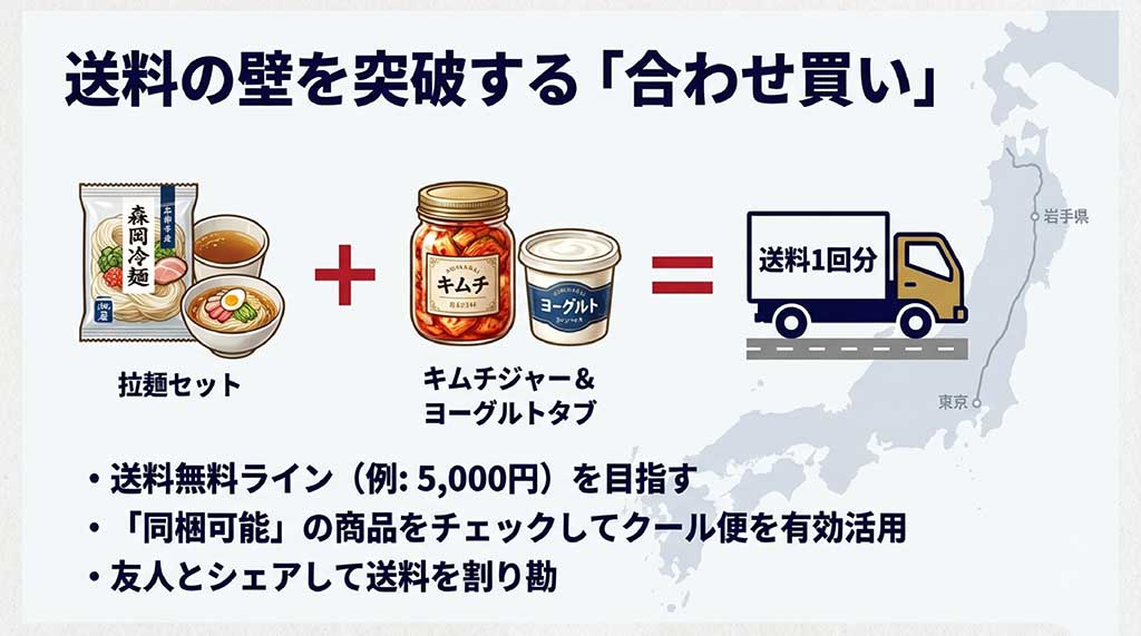 冷麺にキムチやヨーグルトなどを同梱して送料無料ラインを目指し、送料1回分で賢く取り寄せる「合わせ買い」のポイントをまとめた図解スライド