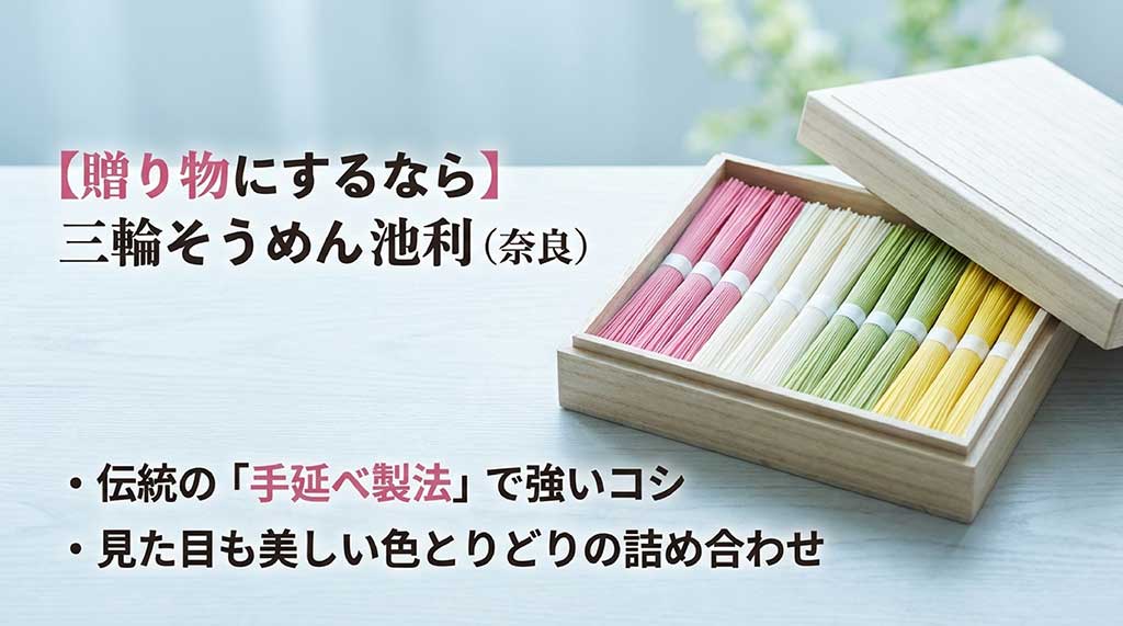 伝統の手延べ製法で強いコシが特徴の、三輪そうめん池利の贈り物セット