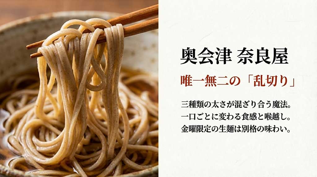 三種類の太さが混ざり合う奈良屋独自の「乱切り」麺。食感と喉越しが特徴