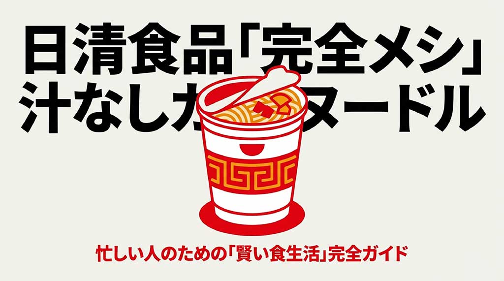 日清食品「完全メシ」汁なしヌードルと忙しい人のための賢い食生活完全ガイドのタイトルスライド
