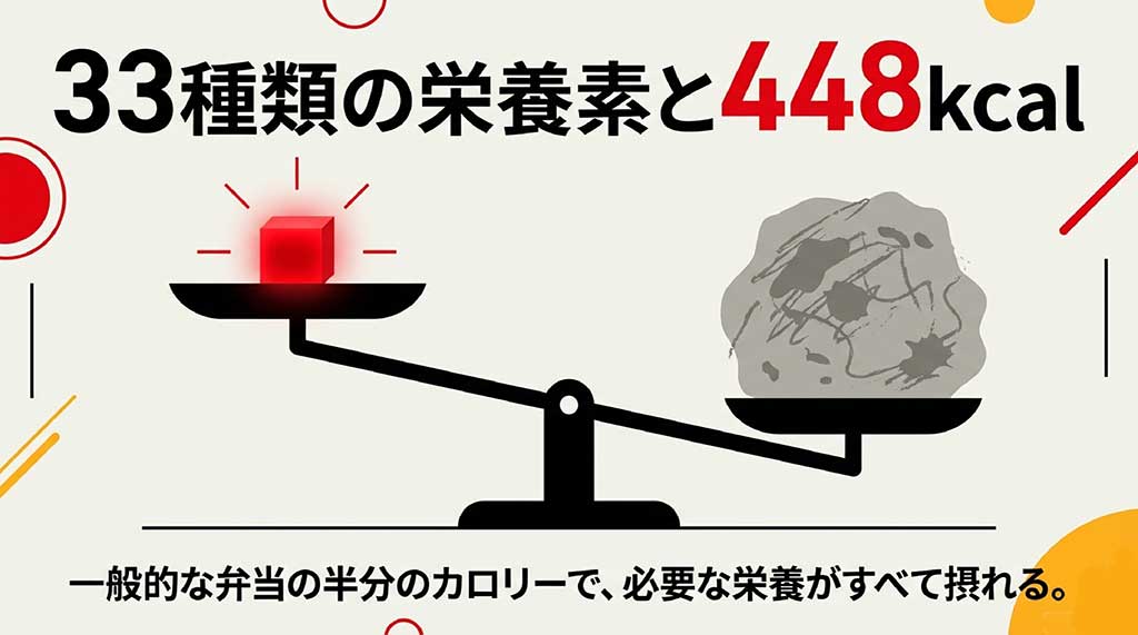 一般的なお弁当と完全メシを天秤にかけ、半分以下のカロリーで必要な栄養がすべて摂れることを示す図