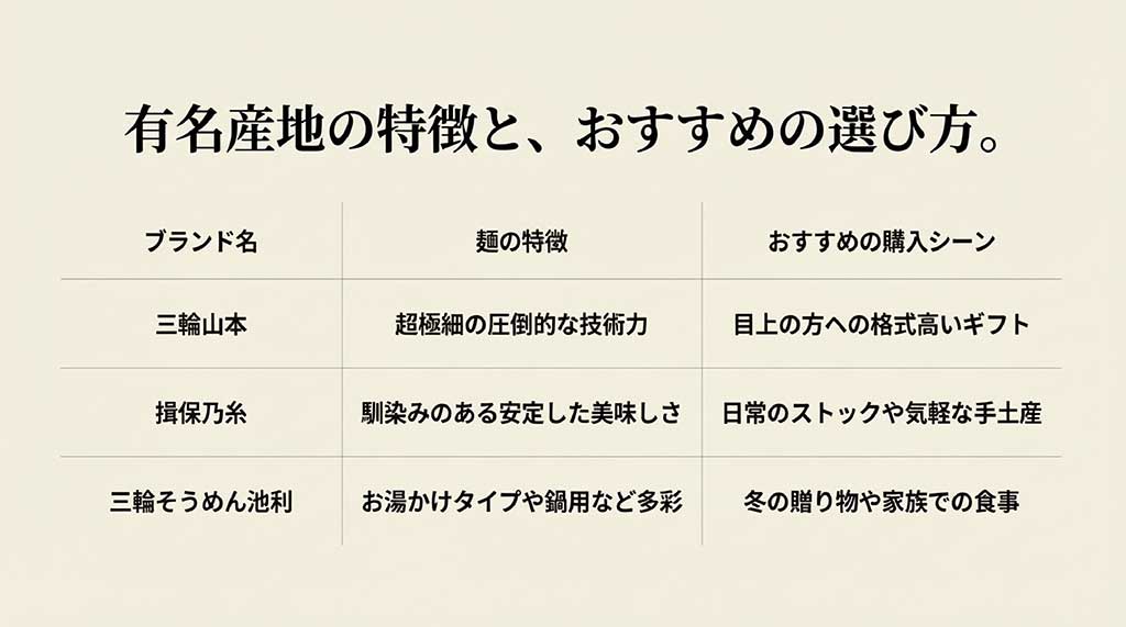 三輪山本（超極細）、揖保乃糸（安定した美味しさ）、三輪そうめん池利（多彩なタイプ）の特徴とおすすめシーンの比較表