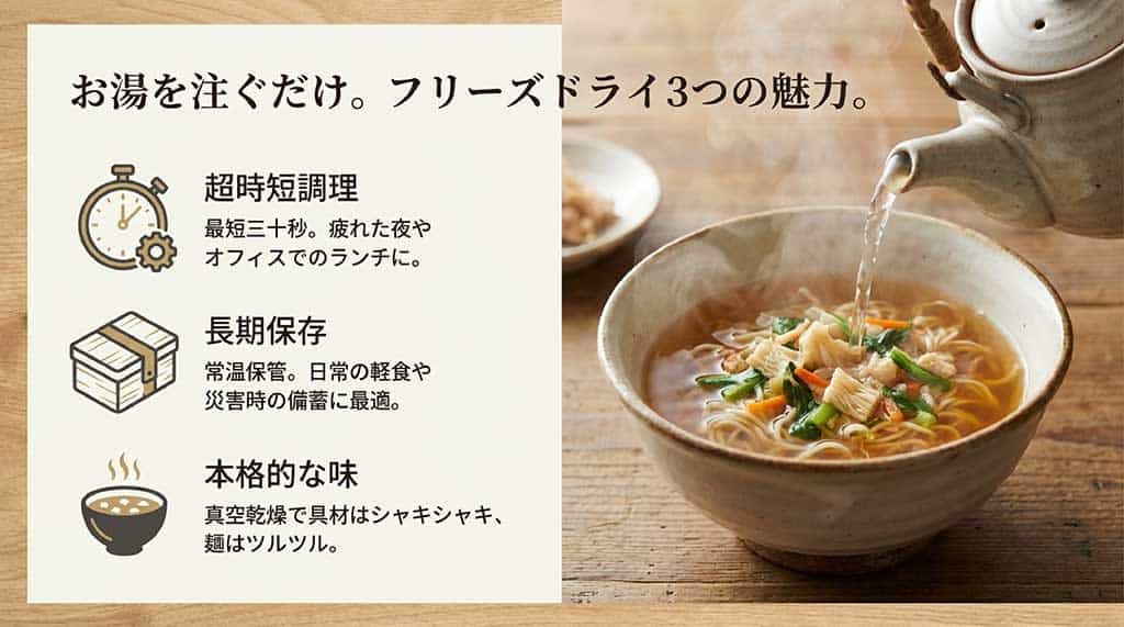 最短30秒の超時短調理、常温での長期保存・備蓄、真空乾燥による本格的な味の3魅力を解説する画像