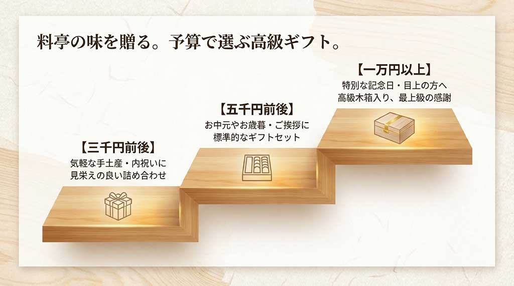 3,000円前後（手土産）、5,000円前後（お中元・お歳暮）、10,000円以上（記念日）の予算別ギフトシーンの解説