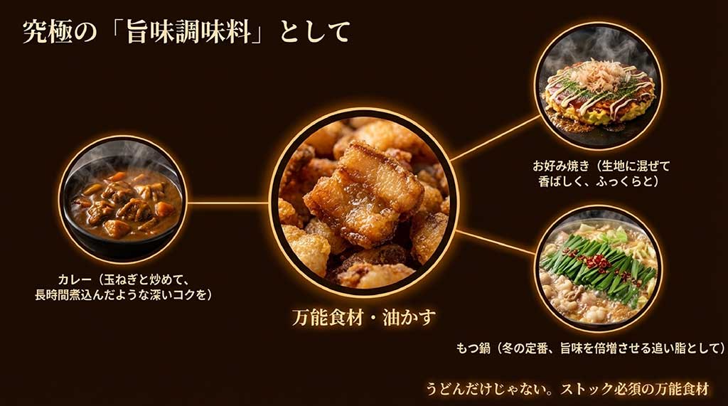 カレー、お好み焼き、もつ鍋など、動物性の深いコクを加える万能食材・油かすのアレンジ例