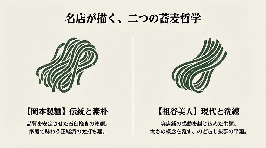 伝統的な太打ちの岡本製麺と、現代的でのど越し抜群の祖谷美人の製麺哲学を比較したスライド