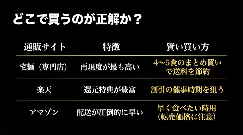 宅麺、楽天、Amazonそれぞれの特徴、送料の節約術、配送スピードなどを比較した表