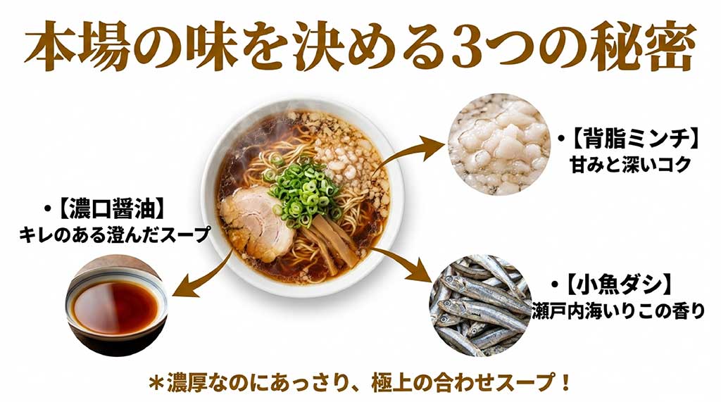 尾道ラーメンの味を決める3つの要素。背脂ミンチの甘み、濃口醤油のキレ、瀬戸内海いりこの香りの解説図