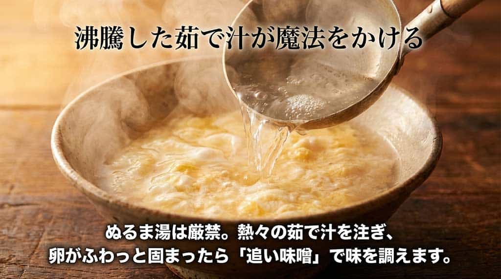 熱々の茹で汁を注いで卵をふわっと固め、追い味噌で味を調えるちーたんたんの仕上げ