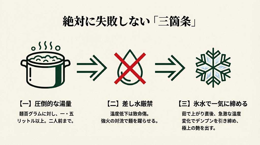 強火で対流させ、差し水をせず、最後に氷水で締めるという失敗しない茹で方の手順図