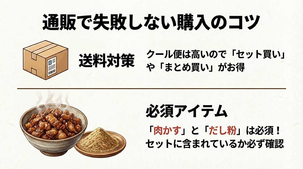 通販での送料対策としてのセット買いの推奨と、必須アイテムである肉かすとだし粉のイラスト。