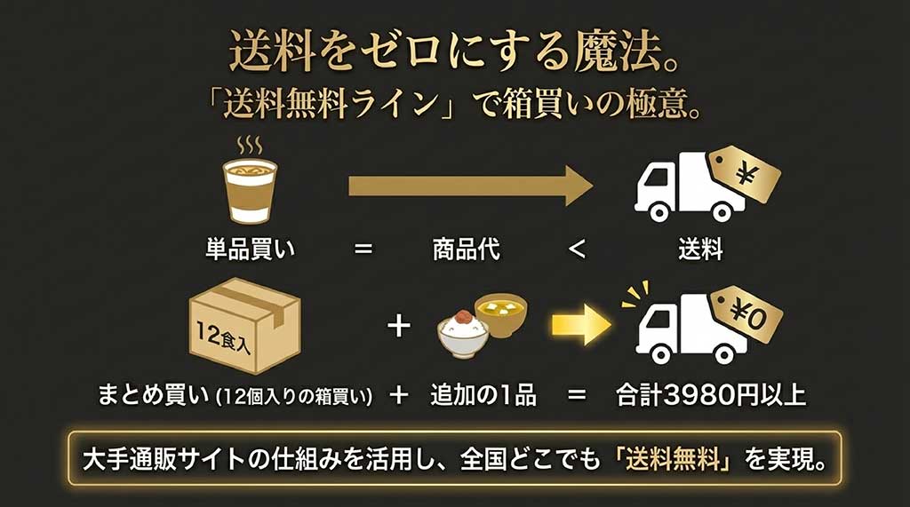 単品買いよりまとめ買い（3,980円以上）で送料無料を実現する通販サイト活用の仕組み図