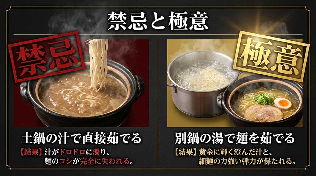 土鍋で直接茹でるのはNG、別鍋で茹でるのが極意であることを解説した比較画像