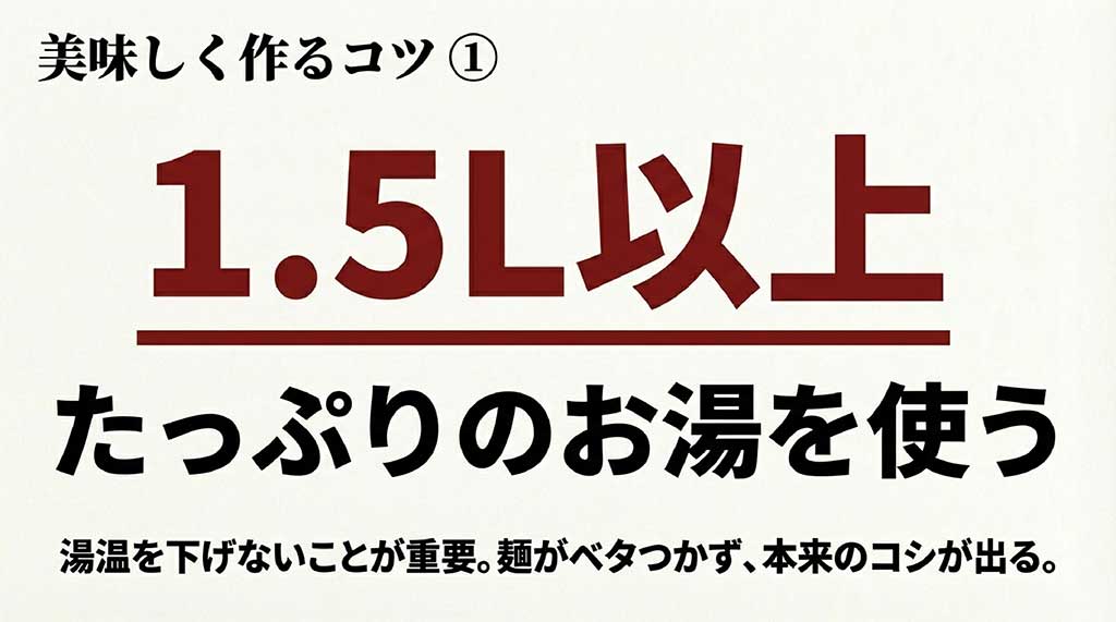 麺を茹でる際に1.5L以上のたっぷりのお湯を使うことで湯温を下げず、本来のコシを出すポイントの解説