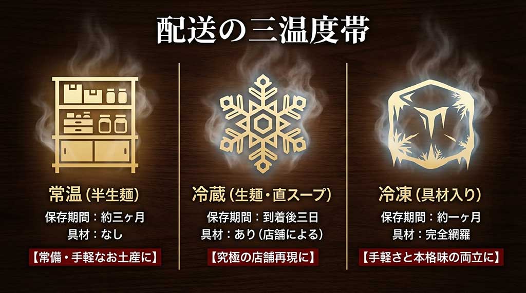配送温度帯ごとの保存期間や具材の有無を解説。常温は土産用、冷蔵は店舗再現、冷凍は本格味の両立という特徴を記載