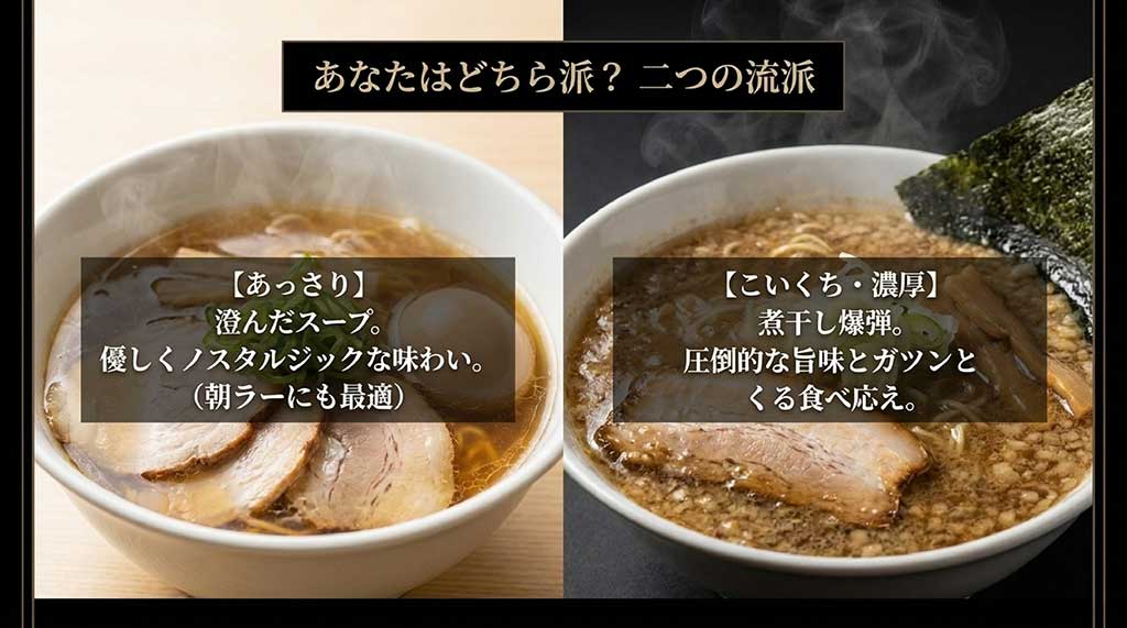 透明なスープの「あっさり」と、煮干し爆弾と称される「こいくち・濃厚」の比較解説