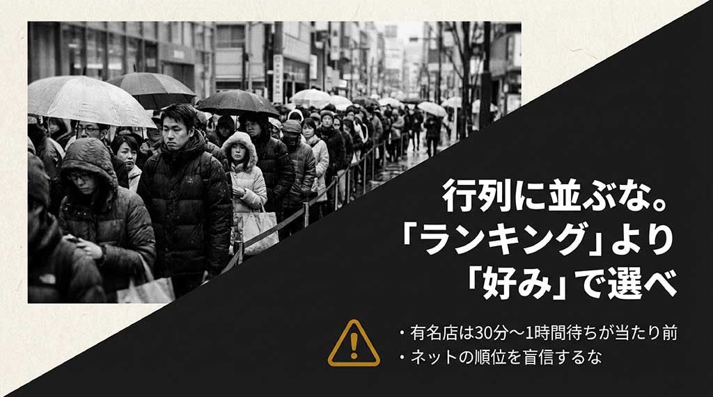 行列に並ばず「ランキング」より「好み」で選ぶべき理由と、有名店の待ち時間が30分から1時間かかることを示す注意喚起スライド