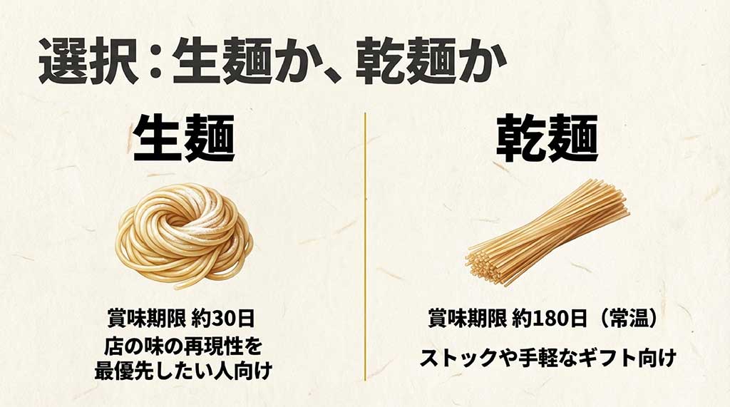 生麺（賞味期限約30日）と乾麺（賞味期限約180日）の比較表。再現性重視かストック重視かでの選び方を解説