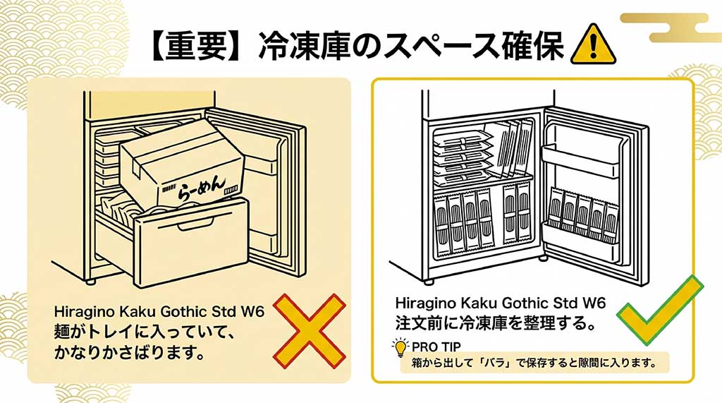 冷凍庫に箱のまま入れるとかさばるため、バラして保存することを推奨するイラストスライド