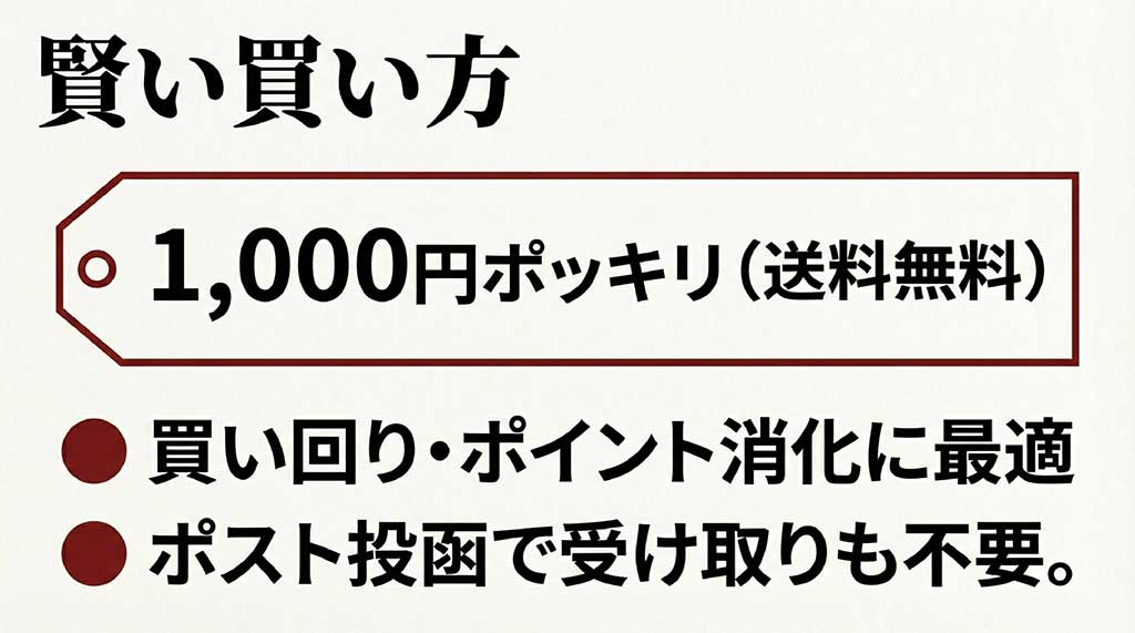 買い回りやポイント消化に最適な1,000円ポッキリ送料無料セットと、ポスト投函受け取りの利便性の紹介