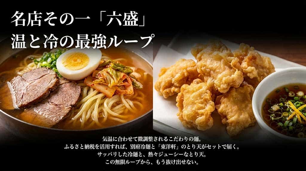 六盛のこだわり麺と東洋軒のとり天がセットになったふるさと納税の紹介