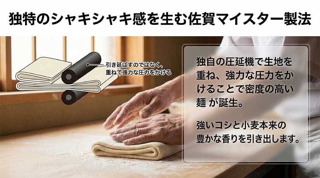 圧延機で生地を重ね強力な圧力をかける佐賀マイスター製法の仕組み