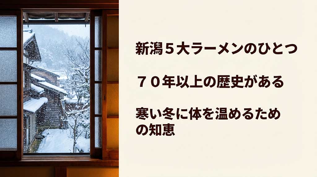 新潟5大ラーメンの一つであり、70年以上の歴史があることや、寒い冬に体を温める知恵として生まれた背景を説明する画像
