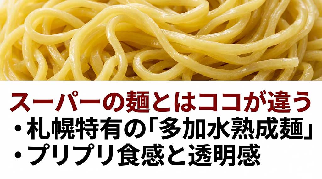 札幌ラーメン特有の多加水熟成麺の特徴である、プリプリとした食感と透明感について説明した比較スライド。