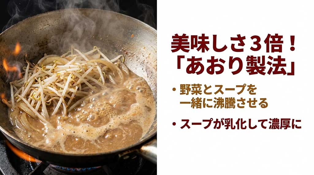 野菜とスープを一緒に沸騰させて乳化させ、濃厚なコクを生み出す札幌伝統の「あおり製法」の解説図。