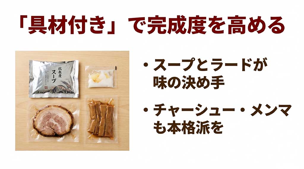 本格的なチャーシュー、メンマ、スープ、ラードがセットになった具材付きラーメンパッケージのイメージと、味の決め手の解説。