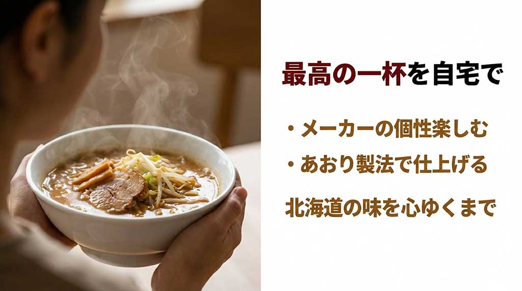 各メーカーの個性を楽しみ、あおり製法で仕上げるなど、自宅で北海道の味を満喫するためのポイントをまとめた画像。